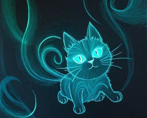 Stylized glowing cat with teal swirls on dark background