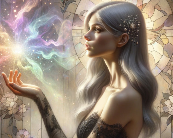 Serene Woman in Black Dress with Colorful Energy Swirl