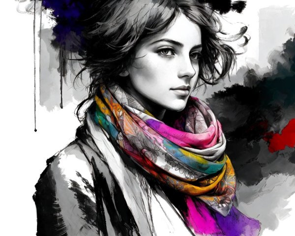 Monochrome Portrait of Young Woman with Colorful Scarf