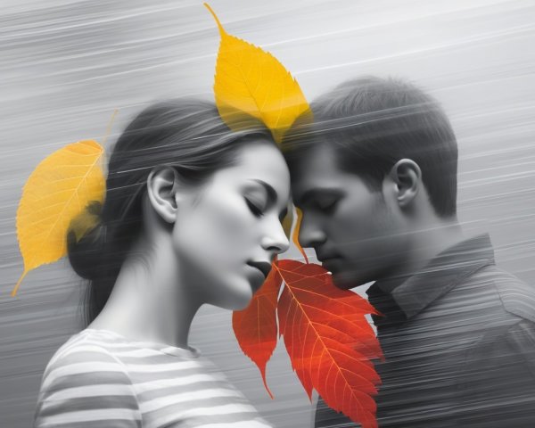 Black-and-White Portrait of Couple with Autumn Leaves