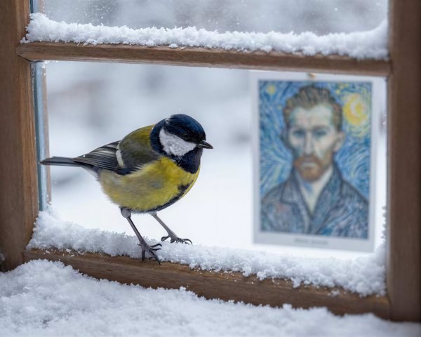 Yellow Belly Great Tit at a Snowy Window Frame