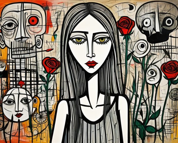 Girl with Black Hair and Yellow-Green Eyes in Art