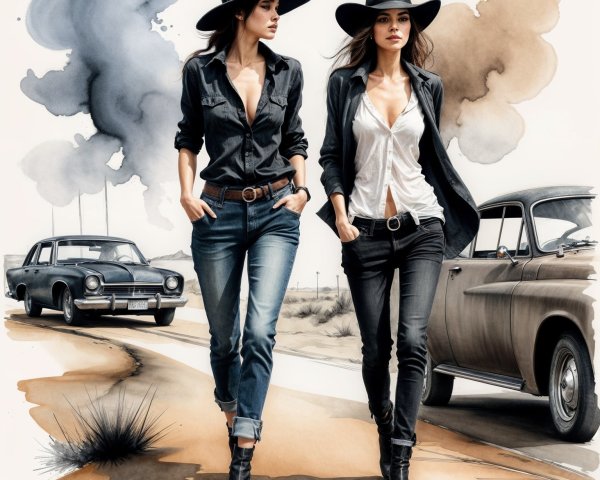 Confident Women in Stylish Outfits on Dusty Road