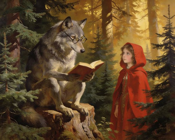 Little Red Riding Hood and a Scholarly Wolf in Forest