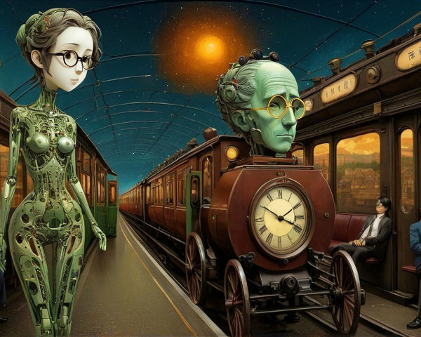 Futuristic Steampunk Subway Station with Robot and Train