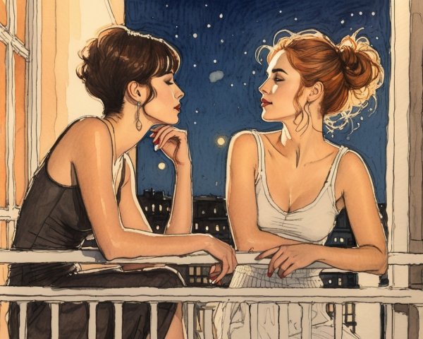 Women on a Balcony Engaged in Nighttime Conversation