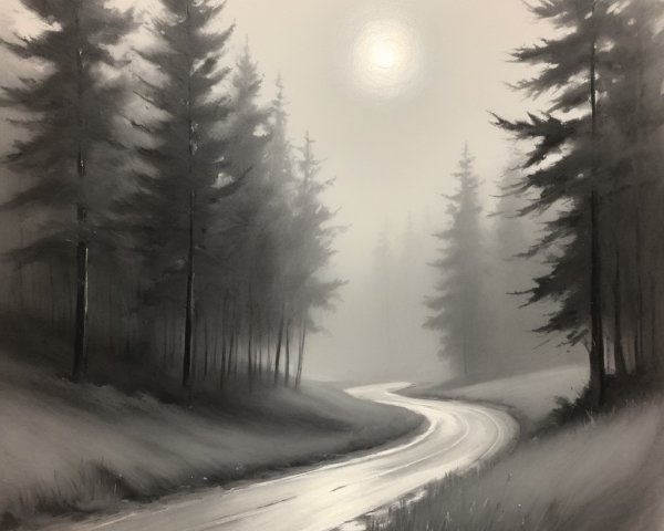 Misty Landscape with Winding Road and Pine Trees