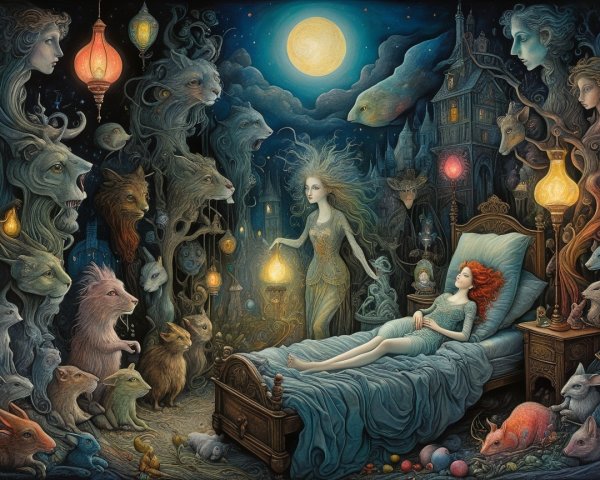 Mystical Dreamlike Scene with Ethereal Figures and Moon