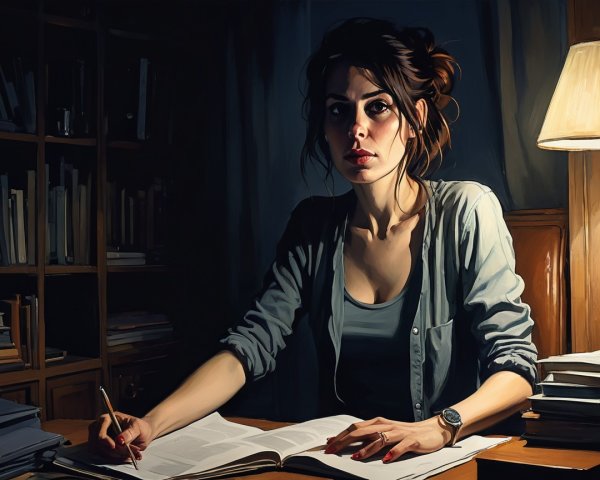 Woman Reading at a Wooden Desk in Dimly Lit Room
