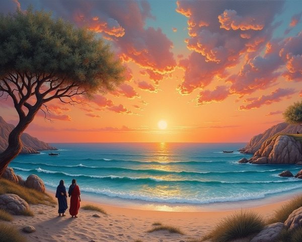 Serene Beach Sunset with Figures and Coastal Landscape