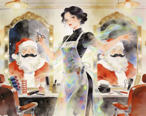 Watercolor Painting of Female Barber in Barbershop