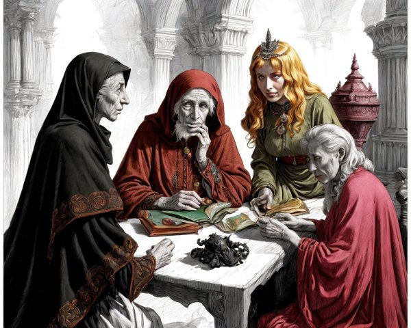 Four Women in Ancient Setting Discussing a Book