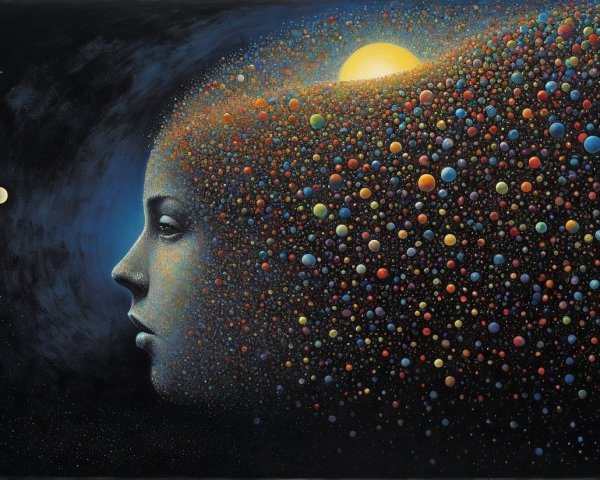 Serene Woman's Profile in Cosmic Landscape Artwork