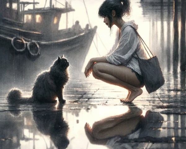 Girl and Cat on Rainy Dock with Soft Light