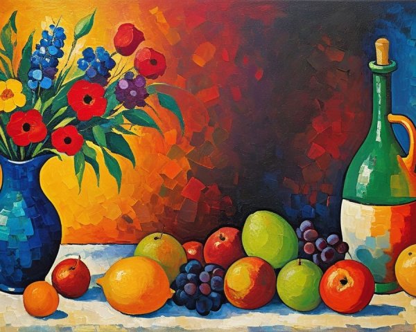 Vibrant Still Life with Flowers, Fruits, and Vases