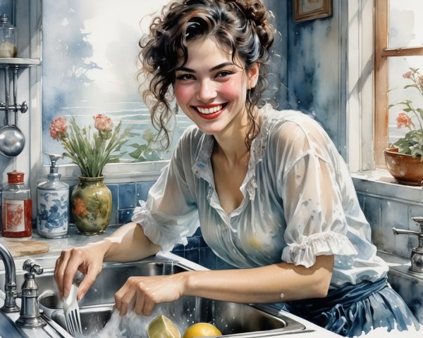 Cheerful Woman Washing Dishes in Sunlit Kitchen