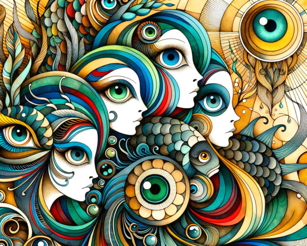 Colorful Composition of Stylized Faces and Fish