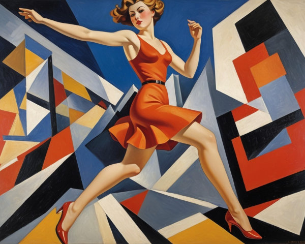 Woman in Red Dress in Abstract Geometric Landscape