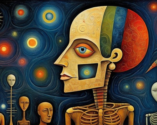 Surreal Artwork of Human Figure with Celestial Motifs