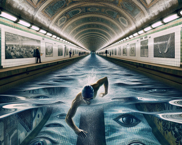 Surreal Underground Scene with Submerged Swimming Pool