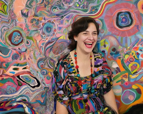 Medium Close-Up of a Grinning Woman in Abstract Setting
