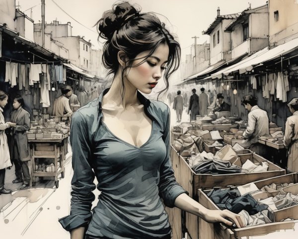 Market Scene with Young Woman and Vibrant Stalls