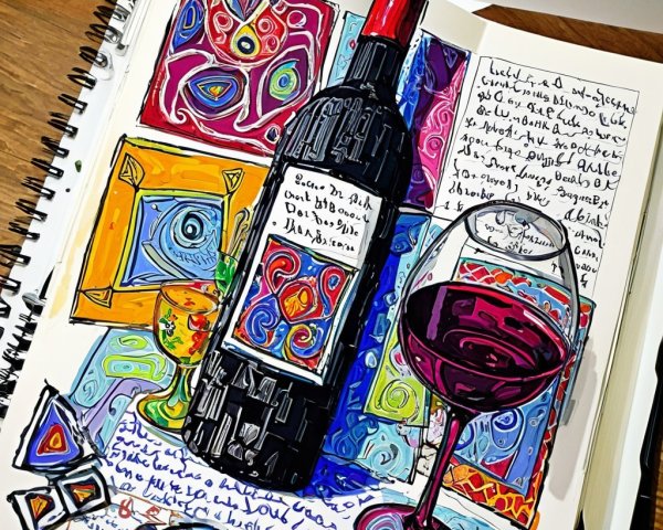 Vibrant Sketch of Wine Bottle and Glass with Abstract Art