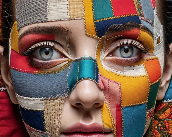 Close-up of a face with colorful fabric patches