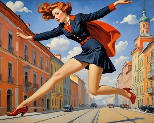Retro-inspired scene of a woman in a city street
