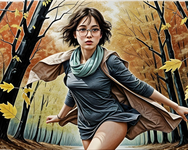 Young Woman Running in Autumn Forest Setting