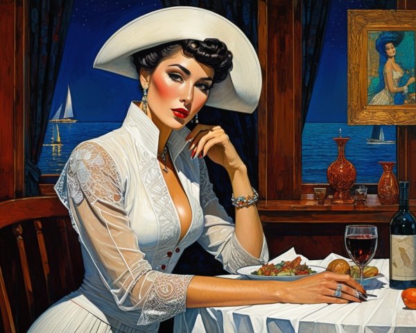 Glamorous Woman Dining with Ocean View and Candlelight