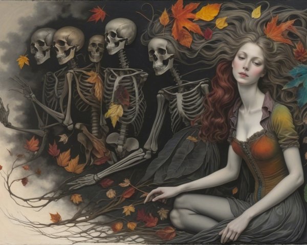 Serene Woman Surrounded by Autumn Leaves and Skeletons