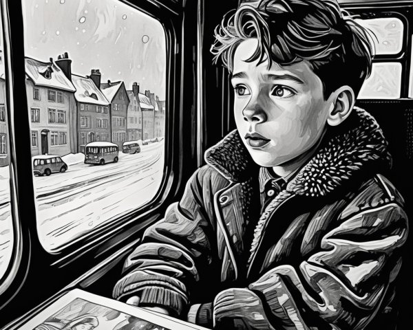 Boy in fur coat gazes out snowy bus window