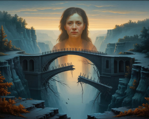 Surreal landscape with giant female face and bridge