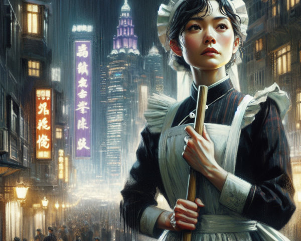 Young Woman in Vintage Attire in Night Cityscape