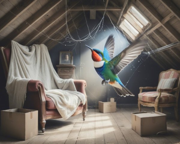 Hummingbird in Dusty Attic with Vintage Furniture