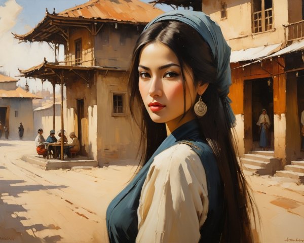 Young woman in traditional outfit on rustic street