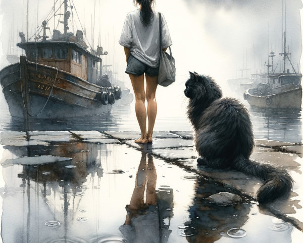 Girl in White Shirt at Misty Harbor with Cat