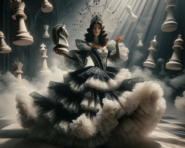 Queen in Lavish Gown on Checkered Chessboard