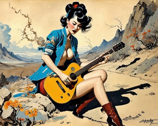 Woman with Black Hair Playing Yellow Guitar in Landscape