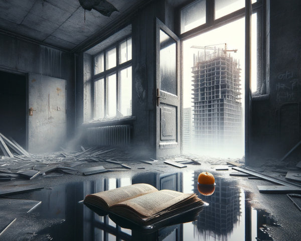 Desolate room with debris and open book in water