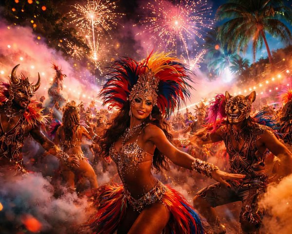 Vibrant Festival Scene with Colorful Costumed Dancers