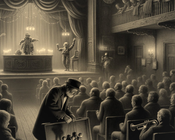 Dimly Lit Theater Scene with Puppets and Audience
