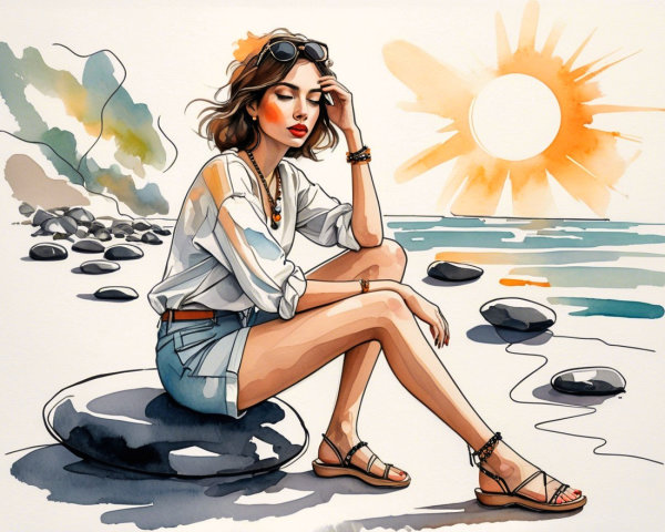 Stylish Woman by Seaside at Sunset on a Rock