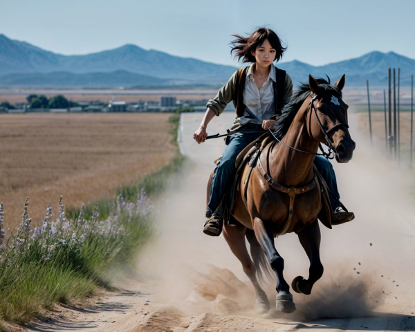 Young Rider Galloping on Horse Through Scenic Fields