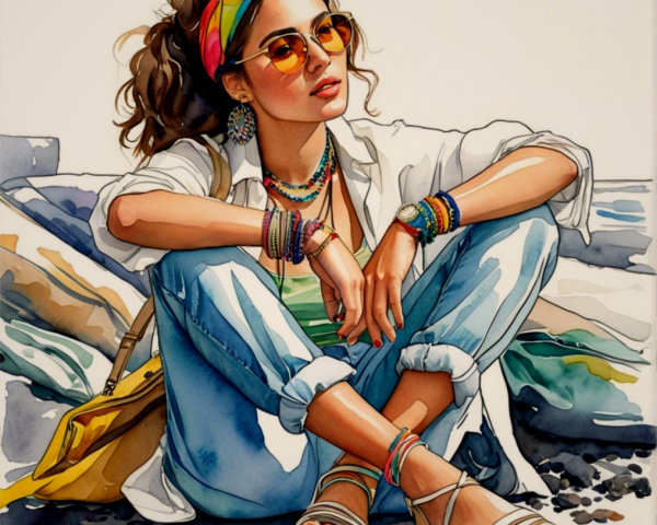 Stylish Young Woman in Chic Bohemian Outfit on Rocks