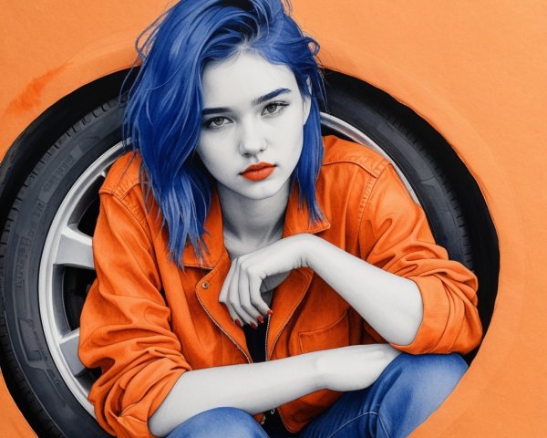 Young woman with blue hair against orange backdrop