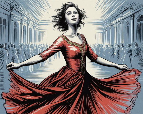 Woman in Red Dress Twirling in Grand Hall Scene