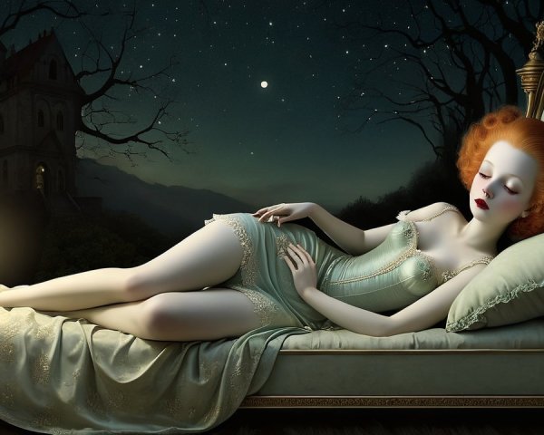 Serene Woman with Red Hair in Vintage Bed Setting