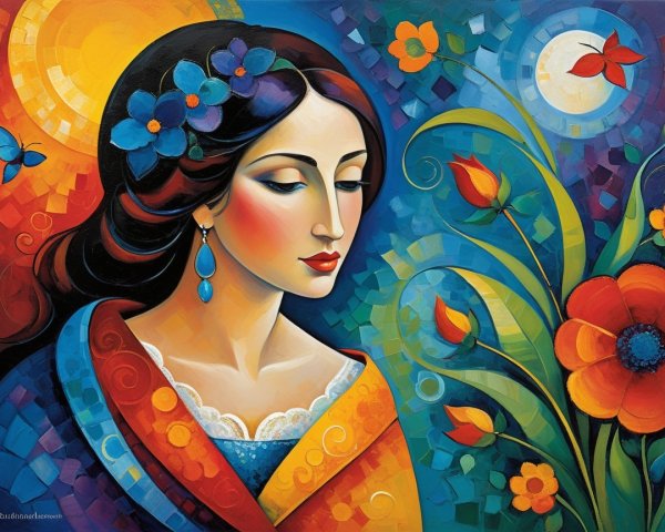 Colorful Painting of Woman with Flowers and Butterflies